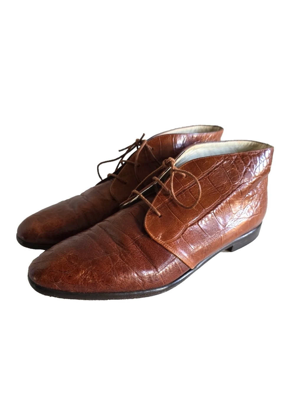 Vintage Womens Saks Fifth Avenue Brown Croco Leather Ankle Booties sz 7.5